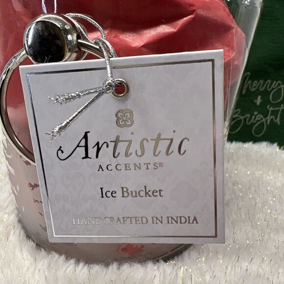 Ice Bucket Glass Etched Evergreen Trees Christmas Trees Silver Handles 6” NEW - Picture 6 of 8